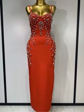 Embellished Red Bodycon Evening Dress